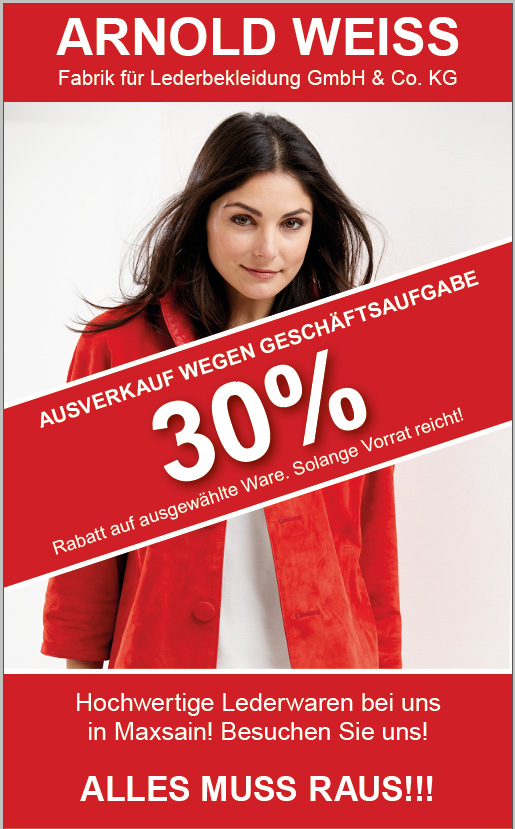 AUSVERKAUF wegen Geschäftsaufgabe. 30 % auf ausgewählte Artikel